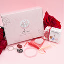 Wellness und Esoterik Box Amour mit Kugelarmband Rosenquarz, Cornalin Stein und Schlüsselanhänger Rhodonit